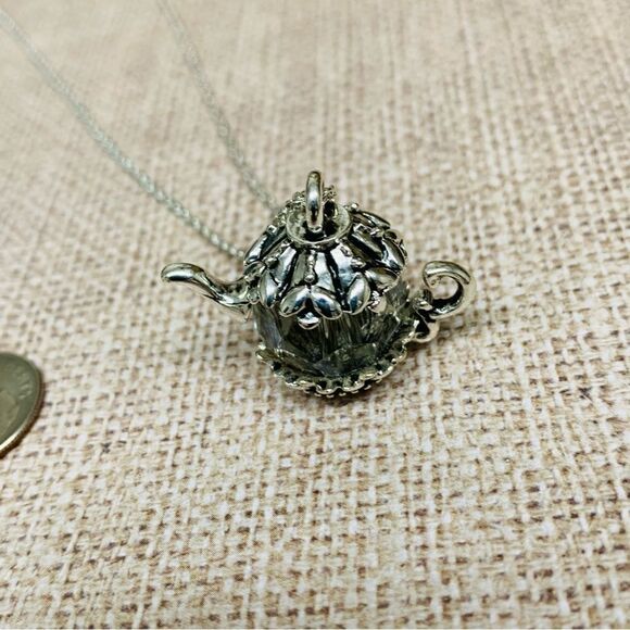 Silver Crystal Ball Tea Pot Necklace - Picture 2 of 3